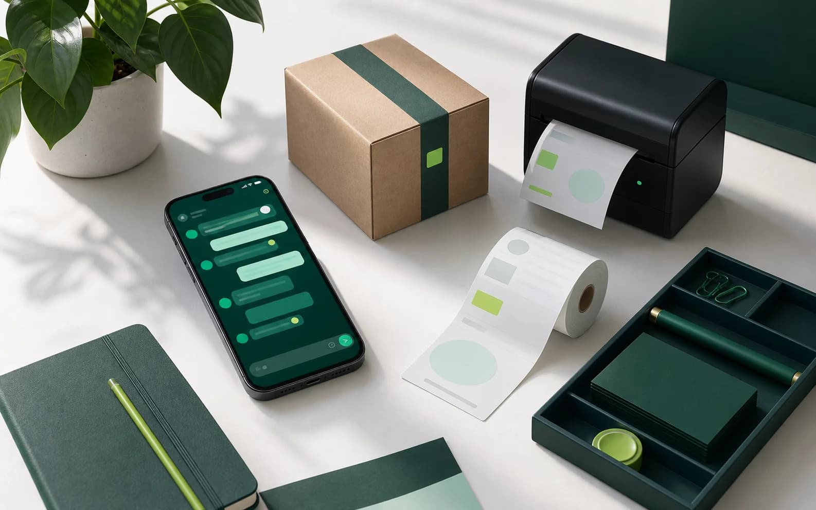 A customer messaging workspace with a phone, parcel, receipt roll, and label printer